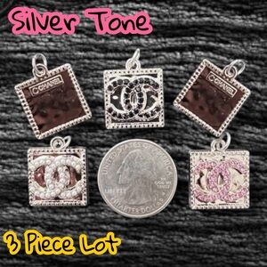 Lot of 3 CC Square Silver Tone Designer Zipper Pull Button Charms 18mm